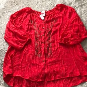Women’s Blouse Sheer red 3/4 sleeve detailing NWT